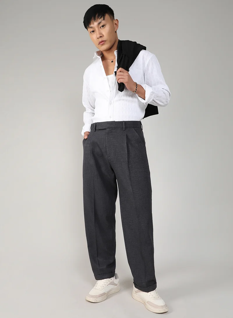 Campus Sutra  Men's Charcoal Black Tailored Linen-Blend Trousers For Casual Wear | Tailored Fit | 4 Pockets | Hook Closure | Trousers Crafted With Comfort Fit For Everyday Wear for Men | Best Price UAE